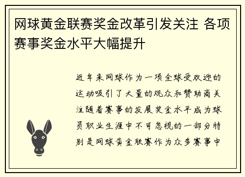 网球黄金联赛奖金改革引发关注 各项赛事奖金水平大幅提升