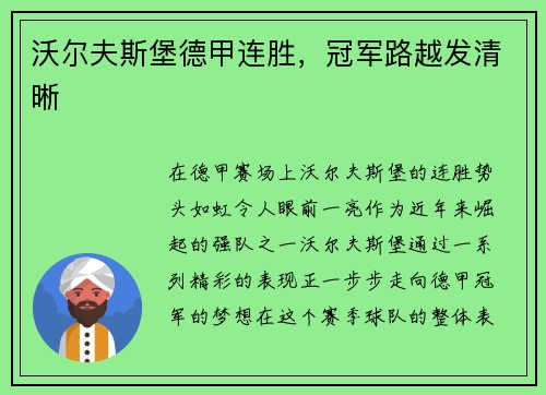 沃尔夫斯堡德甲连胜，冠军路越发清晰